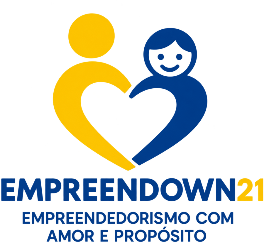 Logotipo Empreendown21: duas figuras, amarela e azul, formando um coração; lema Empreendedorismo com amor e propósito